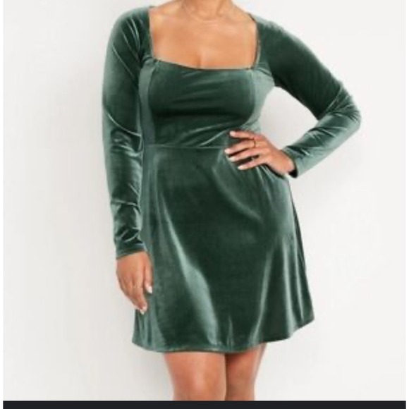Old Navy Velvet Dress XXL Green Long Sleeve Square Neck A Line Party Cocktail - Picture 1 of 9